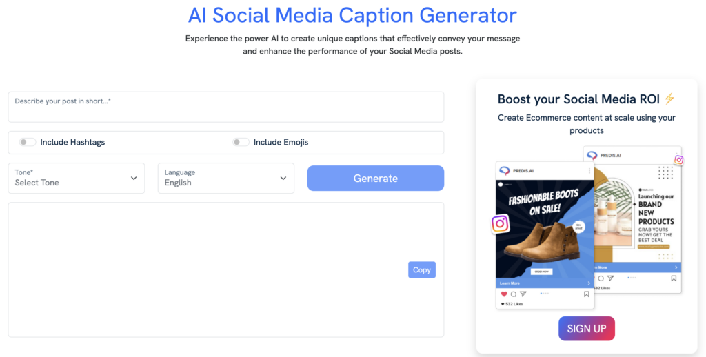 Predis AI social media caption generator dashoard